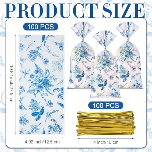 Sweetude 100 Pcs Cellophane Bags Candy Gift Bag Wildflower Party Favor - style: Blue and White Porcelain