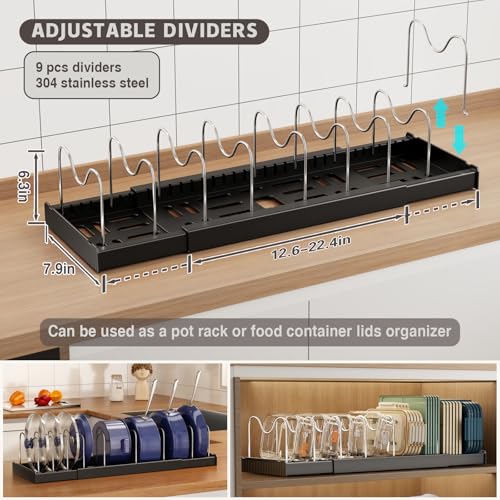 Magheo 2 Pack Expandable Food Storage Container Lid Organizers, 22" Pots and Pans Organizer Under Cabinet with 9 Adjustable Dividers Pot and Pan Lid Holders Rack Inside Cabinet(Black) - color: Black, size: (2 Pack)22.4"D x 7.9"W x 6.3"H