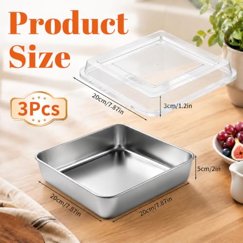 8x8 Stainless Steel Baking Pan with Lids Square Brownie Cake Pan Set of 3