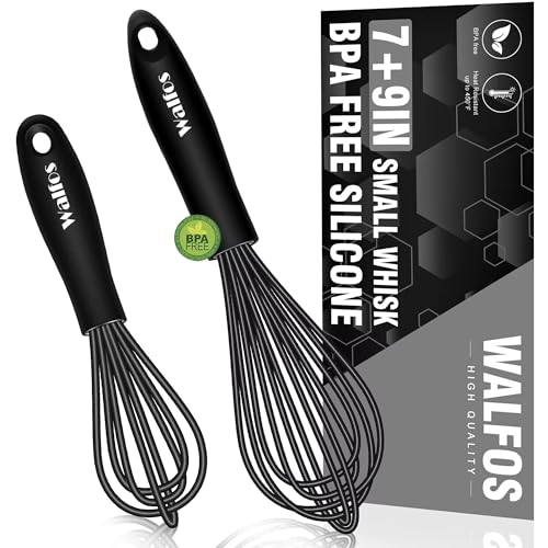 Walfos Silicone Whisk,7+9in Mini Whisk,BPA Free,Small Whisks for Non-Scratch,Heat Resistant (450°F) Nice for stirring individual eggs and mixing small amounts of powder and sauce.Dishwasher Safe.Black - color: Black