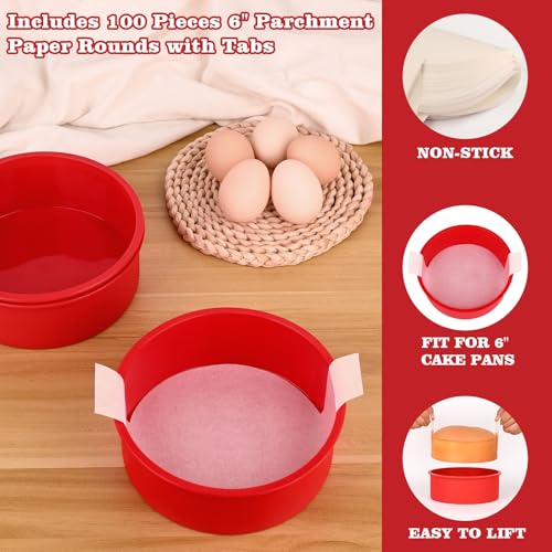 HUAKENER 6" Round Cake Pan,3 PCS Silicone Cake Molds with Parchment Paper - size: 6 Inch