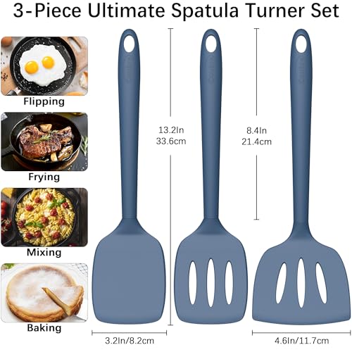 Coukre 3 Pack Silicone Spatula Set, Heat Resistant to 500°F, BPA-Free - color: PureDarkBlue