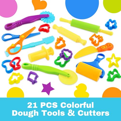 Dough Tools 21pcs Dough Tools Play for Kids Clay Accessories with Rolling Pins,Cutters,Roller,Safety Scissors,Plastic Knife - color: Aninals