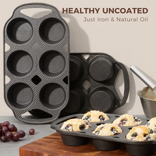HONGBAKE Everline Collection Cast Iron Muffin Pans, Non toxic Uncoated 6-Cup Muffin Tins, Non-Stick Pre-Seasoned Cupcake Tray Pan Set for Baking, Oven & Stovetop Safe, Standard Size, 2 Pack