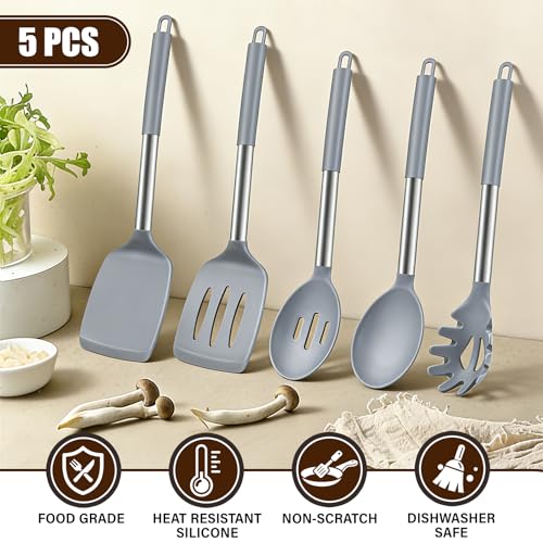 5Pcs Silicone Cooking Utensils Set, Heat Resistant Kitchen Tools Include Solid&Slotted Spatula, Cooking Spoon and Pasta Server, Silicone Kitchen Utensils set for Nonstick Cookware Flipping, Gray - color: Gray
