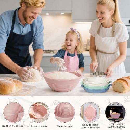 4Pcs 9" Silicone Banneton Bread Proofing Baskets with Dual Handles - color: Pink,Beige,Blue,Green - 9'' Round