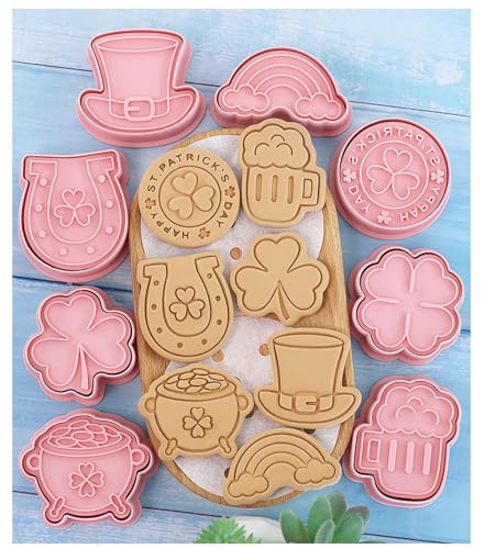 St. Patrick's Day Cookie Cutters, 8Pcs 3D Plastic Cookie Molds Cartoon Shamrock Four Leaf Clover Horseshoe Biscuit Cutters for Irish Holiday Party Baking Cutting Tool (D8) - color: D8