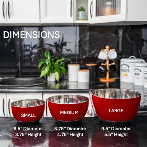 WHYSKO Stainless Steel Mixing Bowls Set, 3-Piece with Silicone Base - color: Red