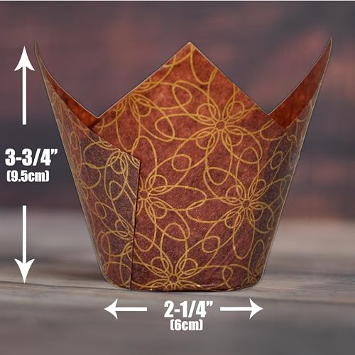 (JUMBO Large size) Brown Golden pattern Tulip Baking Cups 2-1/4"(Base diameter) x 3-3/4"(Wall height) Greaseproof paper Muffin liners, Case of 130 pcs - color: Golden pattern