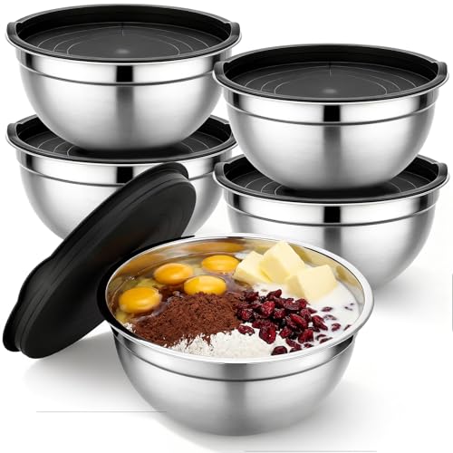 Beasea Mixing Bowls Set of 5, 3.4 QT Unbreakable Stainless Steel Mixing Bowls with Lids for Kitchen, Prepping, Food Serving, Storing, Nesting Metal Baking Bowl with Lid for Bread Dough, Cream, Batter - size: 3.4 QT
