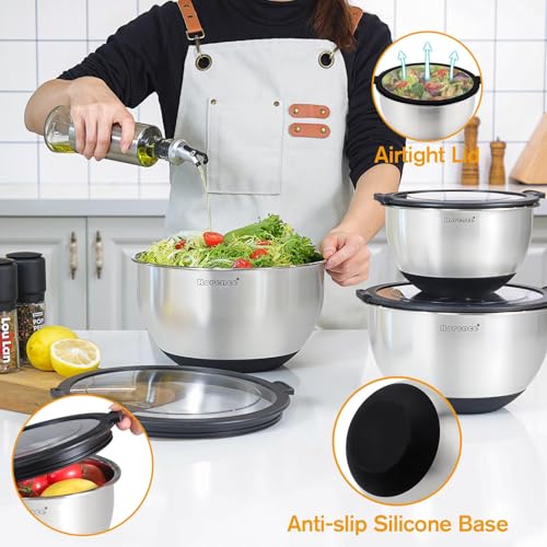 Rorence Stainless Steel Mixing Bowls with Lids Set of 3, 1.5/3/5QT