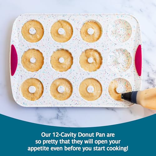 Trudeau 12-Cavity Donut Pan – Nonstick Baking Mold for Homemade Donuts, White Confetti/Fuchsia – Easy Release, Dishwasher Safe - size: Donut Pan - 12 Cavity