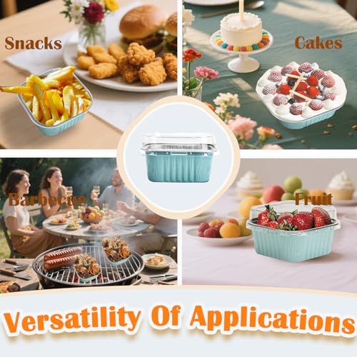50 Pcs Mini Square Baking Cups with Lids,10oz Aluminum Foil Mini Cake Pans with Lids,Disposable Ramekins Cake Pans,300ml Dessert Cups Cupcake Pans for Wedding Birthday Party,Blue - color: Blue, size: 10oz