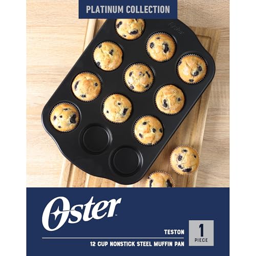 Oster Teston 12-Cup Muffin Pan, Nonstick Carbon Steel Cupcake Baking Tray, Matte Black, PFAS-Free, Easy Release, Oven-Safe Bakeware - color: Matte Black, size: 12-Cup Muffin Pan