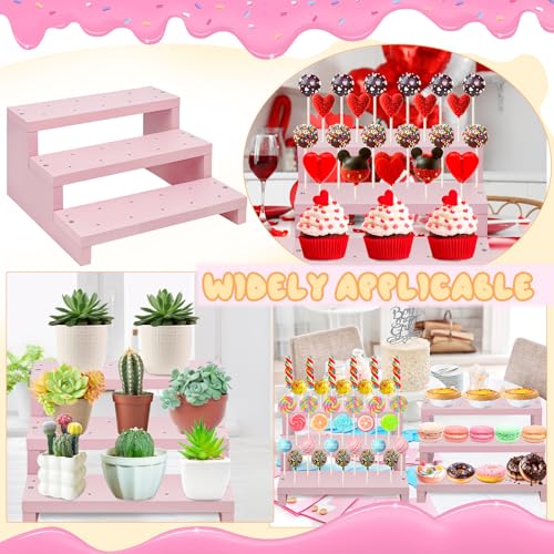 Wood Cake Pop Stands, 3 Tier Lollipop Holders with Twist Ties Lollipop Sticks, Sucker Display Riser for Dessert Table of Wedding Birthday Party (Pink-1P) - color: Pink-1P