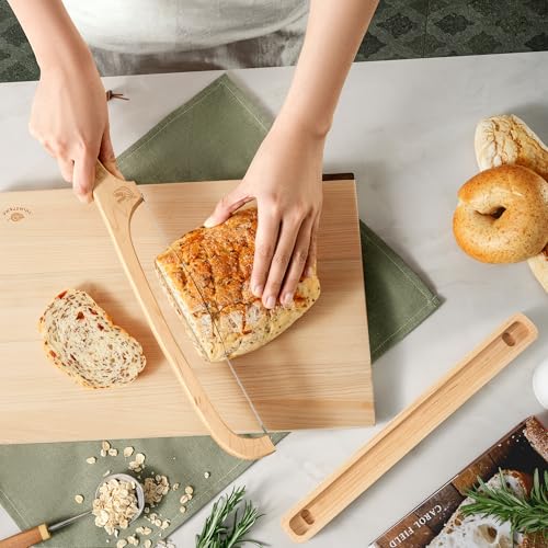 Bread Knife with Wooden Tray, 16.5" Serrated Sourdough Bread Knife, Premium Bow Bread Slicer for Homemade Bread, Bagels & Loaf, Stainless Steel Cutter (Birch, Narrow-Spacing) - color: Birch-Narrow