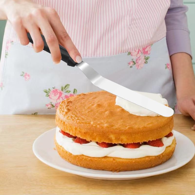 Icing-Spatulas Stainless Steel Offset Spatula Set - Professional Icing & Frosting Spatulas for Cake Decorating, Black Handle, Narrow Blade,8 inch