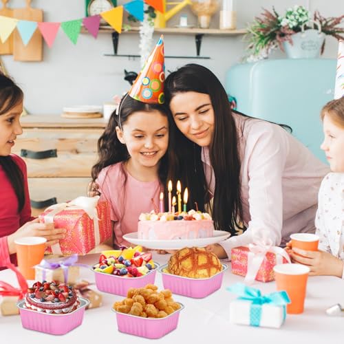 selizo 60 Pack 10oz Mini Disposable Cake Pans with Lids, Aluminum Foil Square Baking Cups, 4.4x4.4 Large Baking Cake Tins Cup Cake Containers with Lids for Thanksgiving Individual Cakes - color: Pink, size: 10oz