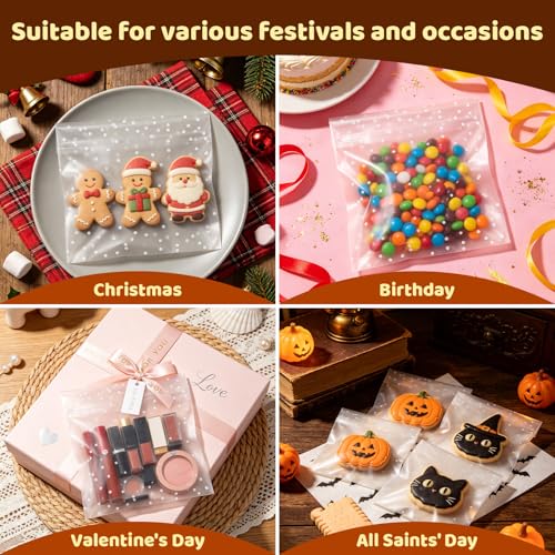 Self Sealing Cellophane Cookie Bags 5.5" x 5.5", 100 Pcs Polka Dot