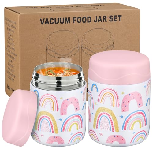 wiwens 12oz 2 Pack Insulated Food Jar Set for Kids Soup Thermo Hot Food Lunch Container Wide Mouth Leak Proof Stainless Steel Vacuum Bento Box for School Office Travel Outdoors - color: White-Rainbow*2