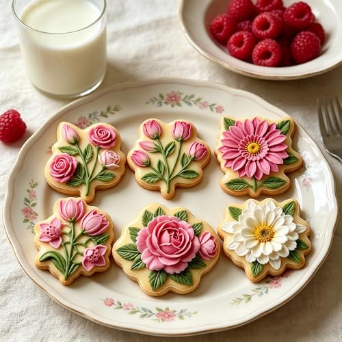 6Pcs Die-cutting Flower Cookie Cutter Sets Multiple Shapes Rose Sunflower Daisy Tulip Cookie Cutters with Stamp Floral Fondant Cutters Plastic Cookies Molds for Baking Spring Summer Cookies Cutters