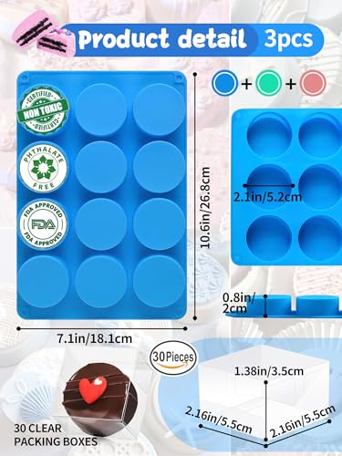 3 Pcs Round Chocolate Cookie Molds Set,12-Cavity Silicone Mold with 30 Clear Treat Boxes, Round Baking Mold for Candy, Mini Cake, Individually Wrapped Cakesicle Party Favor Packaging - color: 2pc- 8 Cup Round (Purple)