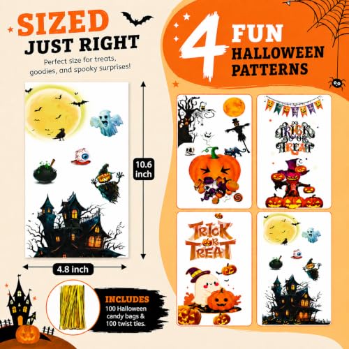 NPLUX Halloween Cellophane Treat Bags, 100 Pack, 4 Designs, 4.8 x 10.6 in - color: Halloween Designs-4.8×10.6 Inch-100