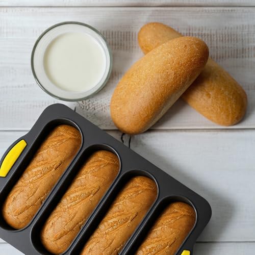3 Pcs Silicone Baguette Pan and Hamburger Bun Pan Set, Non-Stick Hamburger Bun Mold for Baking with Scraper, 4 Wave Silicone Baguette Bread Pan Set & 6 Cup Silicone Hamburger Bun Mold