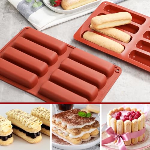 Webake Silicone Cream Canoe Pan, 2-Pack Finger-Shaped Eclair Mold for Baking, Filled Snack Cakes, Chocolate, Soap and Resin - style: Ladyfingers