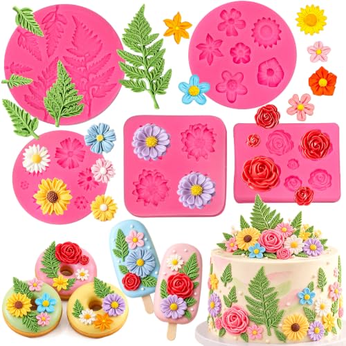 Flower Silicone Mold, 5 Pcs Rose Sunflower Daisy Fern Leaf Fondant Molds - color: Flower Silicone Mold, Pink
