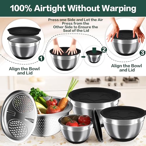 Mixing Bowls with Airtight Lids, Stainless Steel Mixing Bowl Set with 3 Nesting Kitchen Metal Bowls, Colander & Grater, Non-Slip Bottoms, Size 1.5, 2.5, 5 QT, Great for Mixing & Serving, Black - color: Black