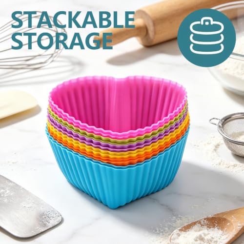 12 Pack Reusable Silicone Cupcake Liners Baking Cups Liners - color: Colored-Heart