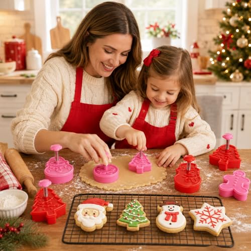 Christmas Themed MINI Cookie Cutter Embossing Mold Fondant Stamper Set - 8Pcs Plastic spring die Biscuits Pastry Cutter Set 3D Cookie Cake Plunger Cutter Baking Mould