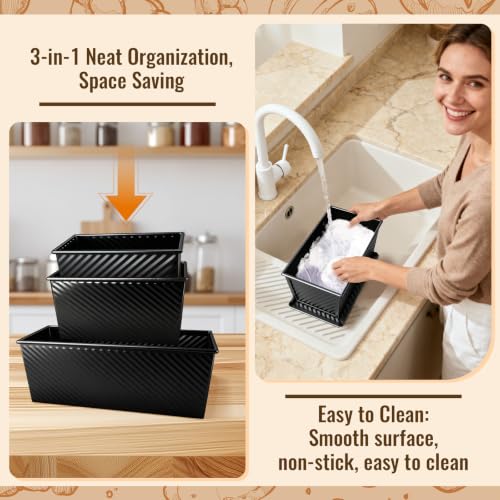 3 Pack Pullman Loaf Pans, Bread Pans with Lids, Black - color: Black