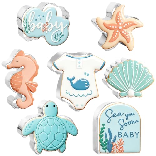 JarThenaAMCS 7Pcs Sea You Soon Baby Shower Cookie Cutters Set Under the Sea Starfish Seashell Onesie Biscuit Cutter Stainless Steel Cookie Cutting Molds for Ocean Birthday Gender Reveal