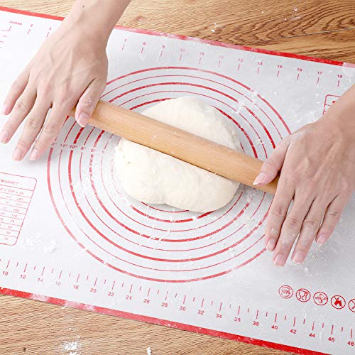 Wood French Rolling Pin for Baking, QUELLANCE Wooden Dough Roller with Silicone Baking Mat, Beech Wood Rolling Pins for Baking Dough, Pizza, Pie, Pastries, Pasta and Cookies,Red Pastry Mat - size: RD-16 inch