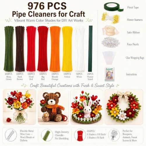 976Pcs Red Pipe Cleaners Flower Kit,7 Colors Soft Chenille Stems - color: Red and orange colour