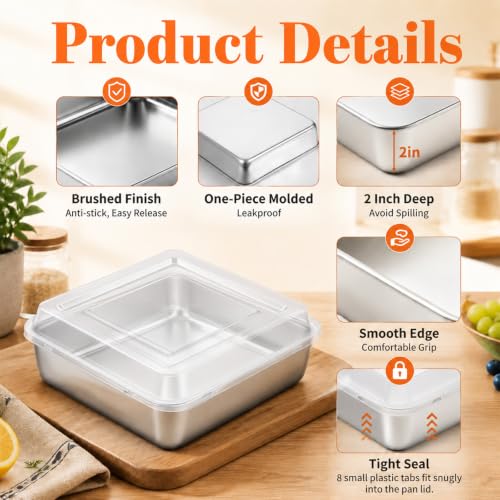 8x8 Stainless Steel Baking Pan with Lids Square Brownie Cake Pan Set of 3