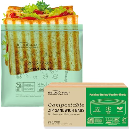 BEIDOU-PAC Compostable Sandwich Food Storage Freezer Bags, 240 Count | 2 Mil | 6.5 IN x 5.8 IN, Freshness Easy Open Biodegradable Eco-Friendly Reclosable Compost Zip Bags - style: Zip | Sandwich 240 count