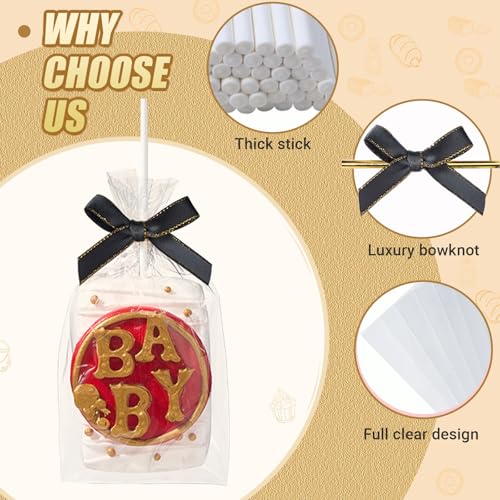 JCXGRVC 50pcs 4" x6"Clear Rice Krispie Treat Bags with Sticks and Ties Bows - color: Black