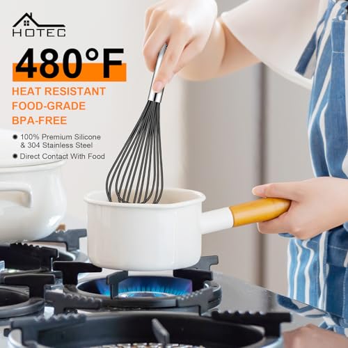 HOTEC 4Pcs Silicone Whisk Set, Wire Balloon Whisks for Cooking Egg Beater - color: Black,Silver