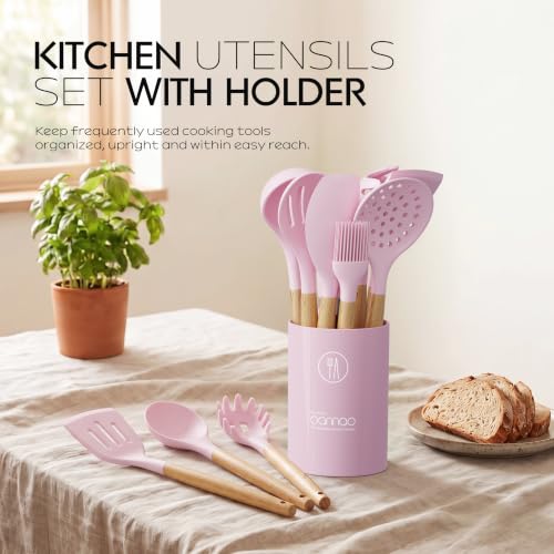 oannao Silicone Kitchen Utensils Set - 446°F Heat Resistant Cooking Utensil Sets, Spatula,Turner,Tongs,Spoon,Whisk, Wooden Handle Silicone Kitchen Gadgets Tools for Non-Stick Cookware BPA Free (Pink) - color: Pink