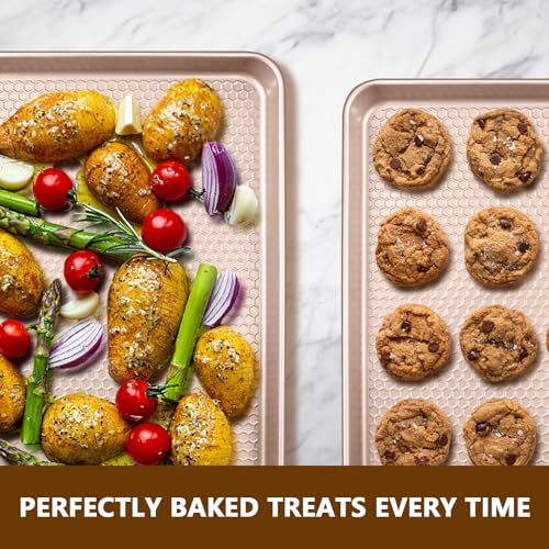 Wildone Baking Sheet Pan Set of 2, Honeycomb Embossed Nonstick Cookie Sheet - color: Textured Rose Gold, size: 17.5x12x1 inch Set