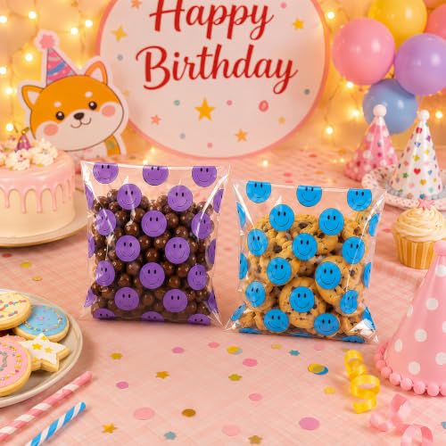 Eunoir Happy Face Goody Bags, Self Sealing Cookie Bags (100pcs purple blue) - color: 100pcs purple blue