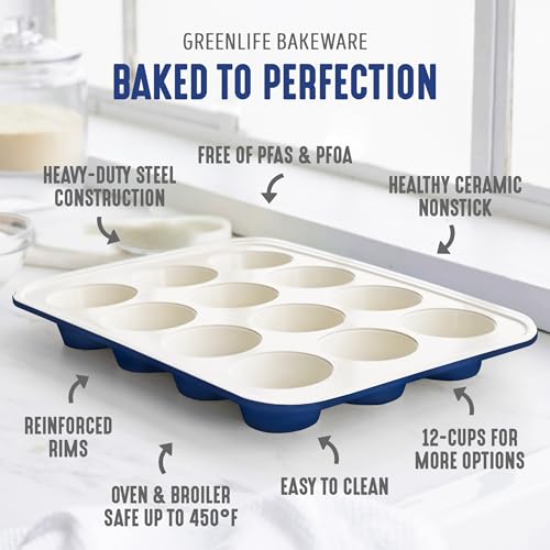 GreenLife 12 Cup Ceramic Nonstick Muffin Pan, Navy - color: Blue, size: 12 Cup Muffin Pan
