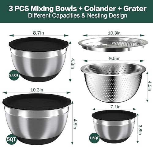 Mixing Bowls with Airtight Lids, Stainless Steel Mixing Bowl Set with 3 Nesting Kitchen Metal Bowls, Colander & Grater, Non-Slip Bottoms, Size 1.5, 2.5, 5 QT, Great for Mixing & Serving, Black - color: Black