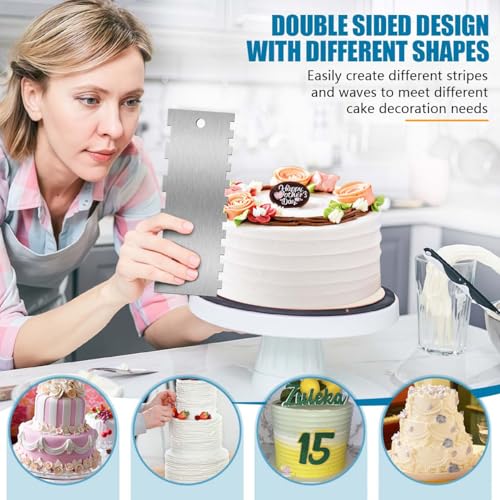 SenseYo 3 Pcs 9 Inch Stainless Steel Cream Cake Scraper Smoother Comb with Double Sides for Decorating Icing Mousse Butter - size: 3