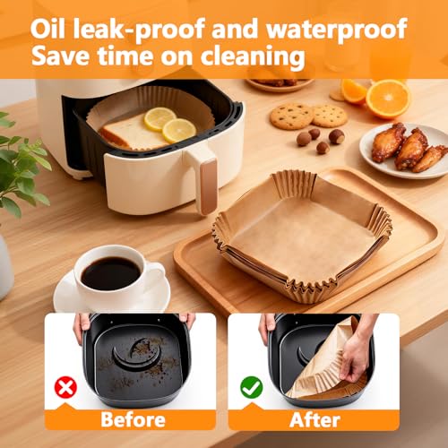 200 Pcs Unbleached Air Fryer Liners 10 Inch, Non-Stick Disposable Parchment Paper Squares for Air Fryer, Microwave, Steamer & Oven – Oil-Proof, Waterproof, Ashesive-Free (9" Bottom) - size: 10 Inch Square