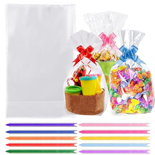 AGOBUHE Cellophane Treat Bags 6x10 Inch 50 Pack Clear Goodie Bags with Bottom Gusset & Pull Bows for Cookies Candy Party Favors - color: 6"x10" (50pcs)