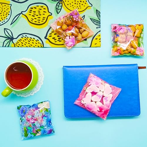 Jagrove 100PCS Cellophane Bags 4X4 Inch Clear Self Sealing Goodie Candy Cookie Snack Treat Bags for Party Supplies Bakery - color: Flower A, size: 100 Count (Pack of 1)